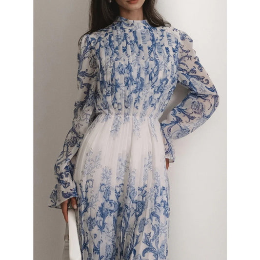 Plant Pattern Printed Pleated Long Dress | Size M | Commense