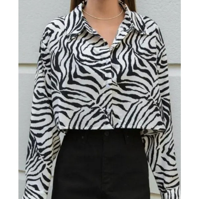 Zebra Long Sleeve Print Crop Shirt | Size 4 | Chicgenes