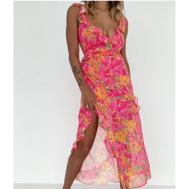 Tropical Passion Floral Ruffle Long Dress | Commense | Size XL