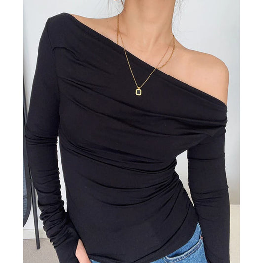 Asymmetrical Off Shoulder Long Sleeve Shirt - Black | Size small