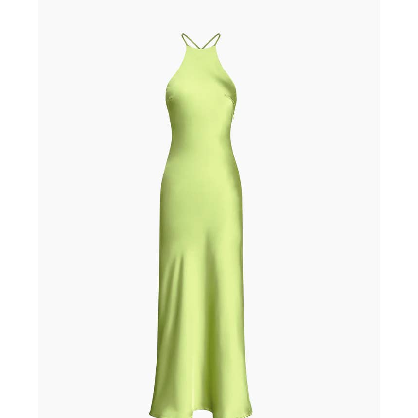 💚 Commense Green Zippered Open Back Satin Flowy Long Dress - Size Large - Elegance Meets Allure! 💚