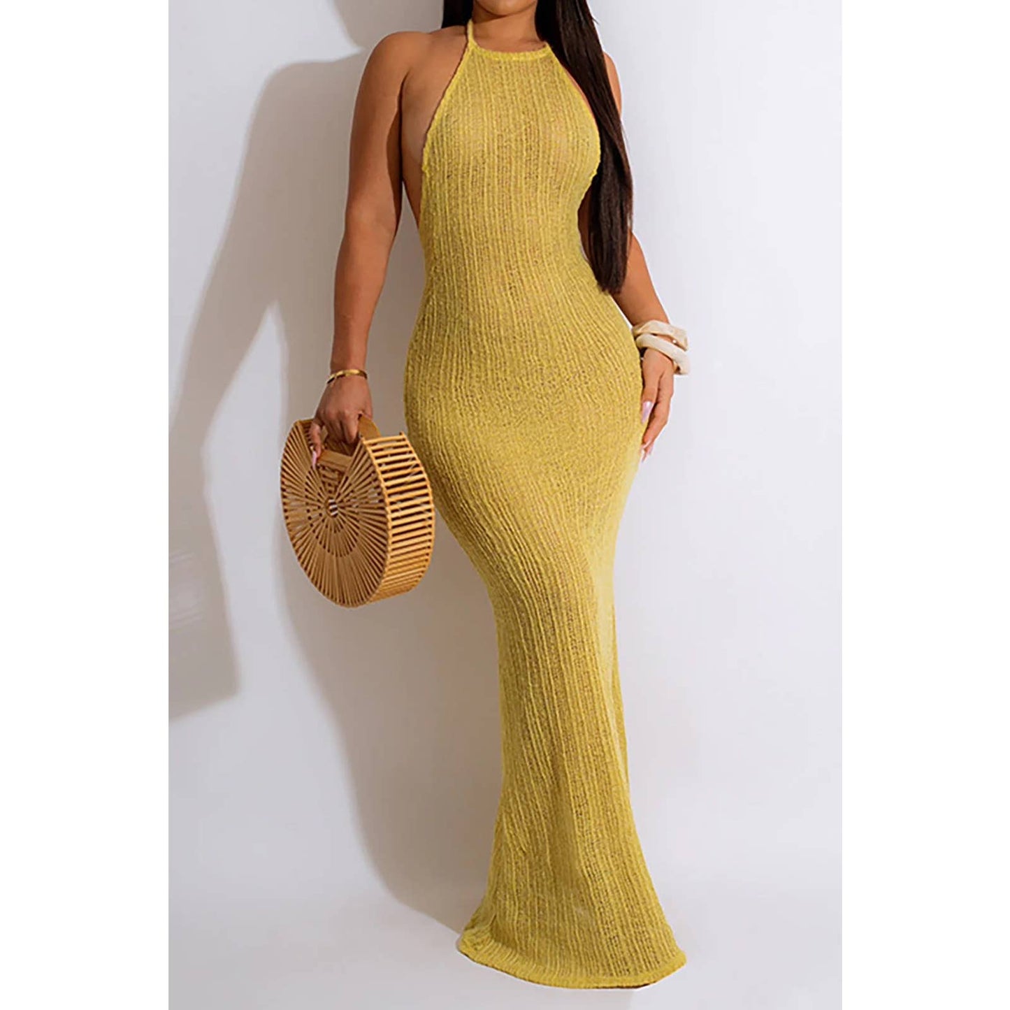 🍋 Micas Lemon Halter Knit Backless Cover-up Dress - Medium - A Zest of Elegance for Your Wardrobe! 🍋