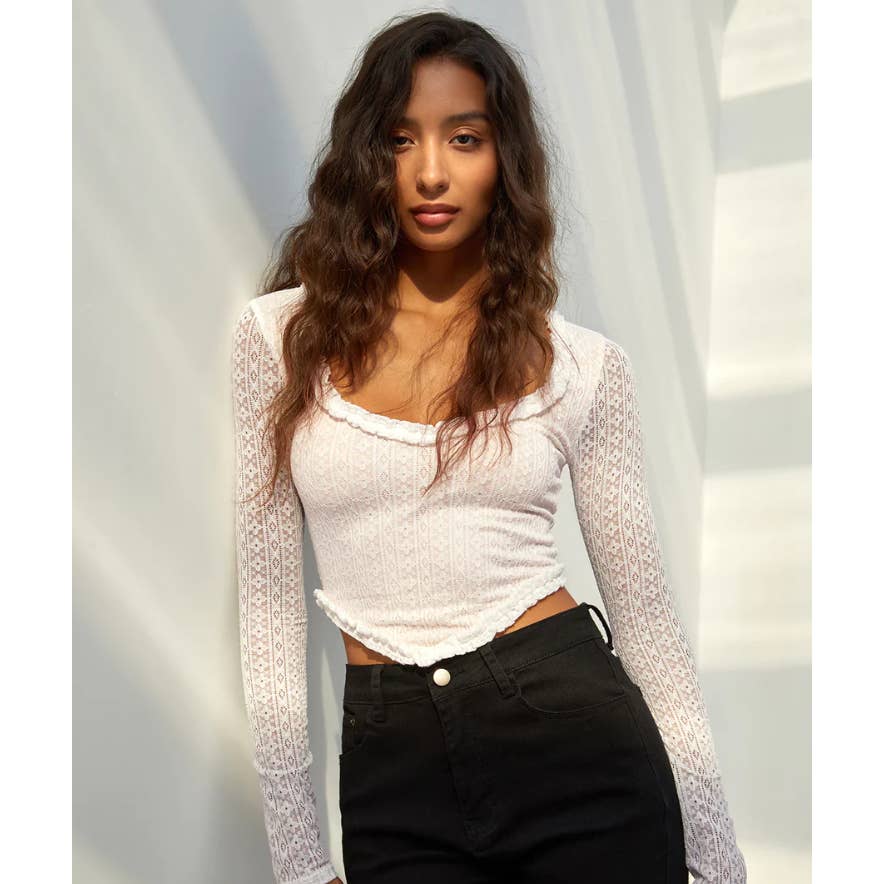 🌼 Commense Floral Lace Long Sleeve Crop Top in White - Size Medium - Evoke Elegance and Allure! 🌼