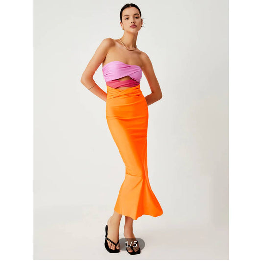 🌅 Commense Orange Burst Three-Tone Twist Cutout Midi Tube Dress - Medium - A Symphony of Style! 🌅