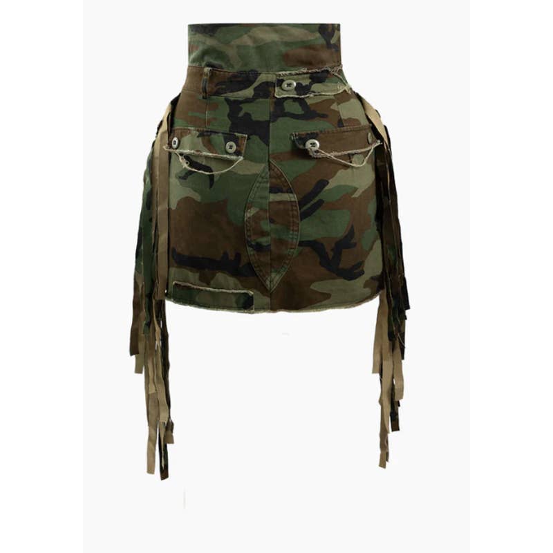 🌿 MICAS Camo Frayed Patchwork Fringe Mini Skirt - Size Medium - Unleash Your Inner Fashion Rebel! 🌿