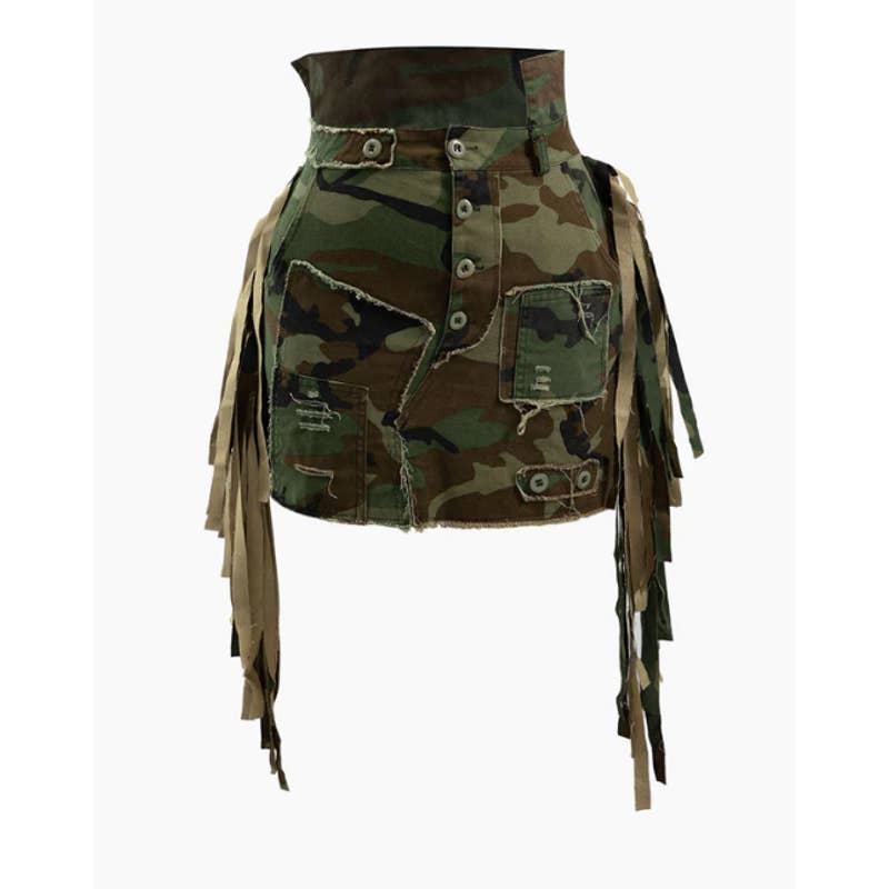 🌿 MICAS Camo Frayed Patchwork Fringe Mini Skirt - Size Medium - Unleash Your Inner Fashion Rebel! 🌿