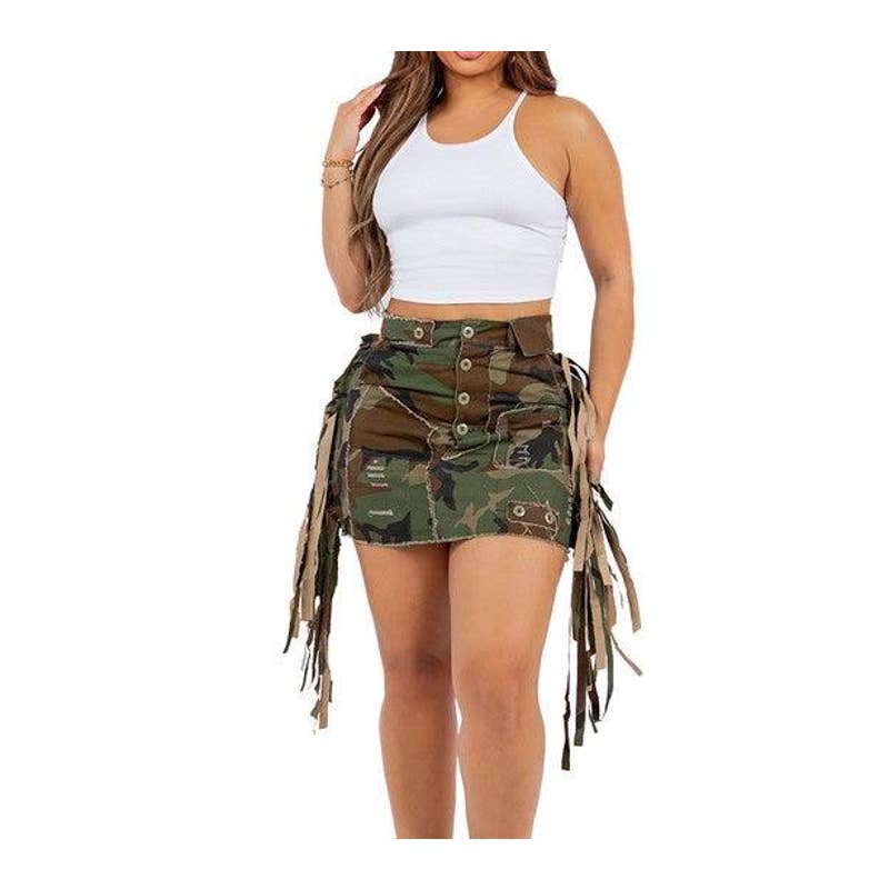 🌿 MICAS Camo Frayed Patchwork Fringe Mini Skirt - Size Medium - Unleash Your Inner Fashion Rebel! 🌿