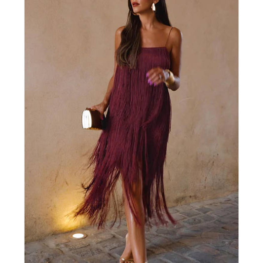 💃 Commense Florence Fringed Open Back Short Dress in Burgundy - Size Medium - Dance the Night Away! 💃