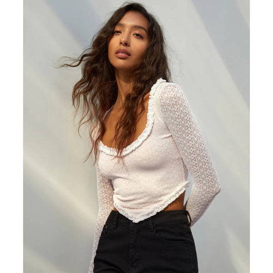 🌼 Commense Floral Lace Long Sleeve Crop Top in White - Size Medium - Evoke Elegance and Allure! 🌼