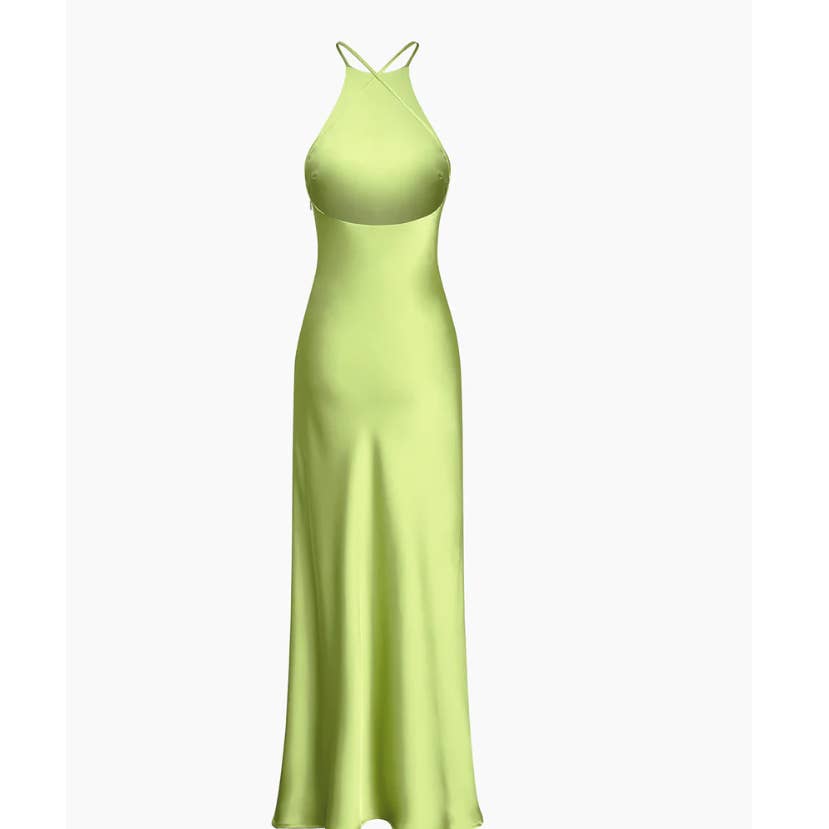 💚 Commense Green Zippered Open Back Satin Flowy Long Dress - Size Large - Elegance Meets Allure! 💚