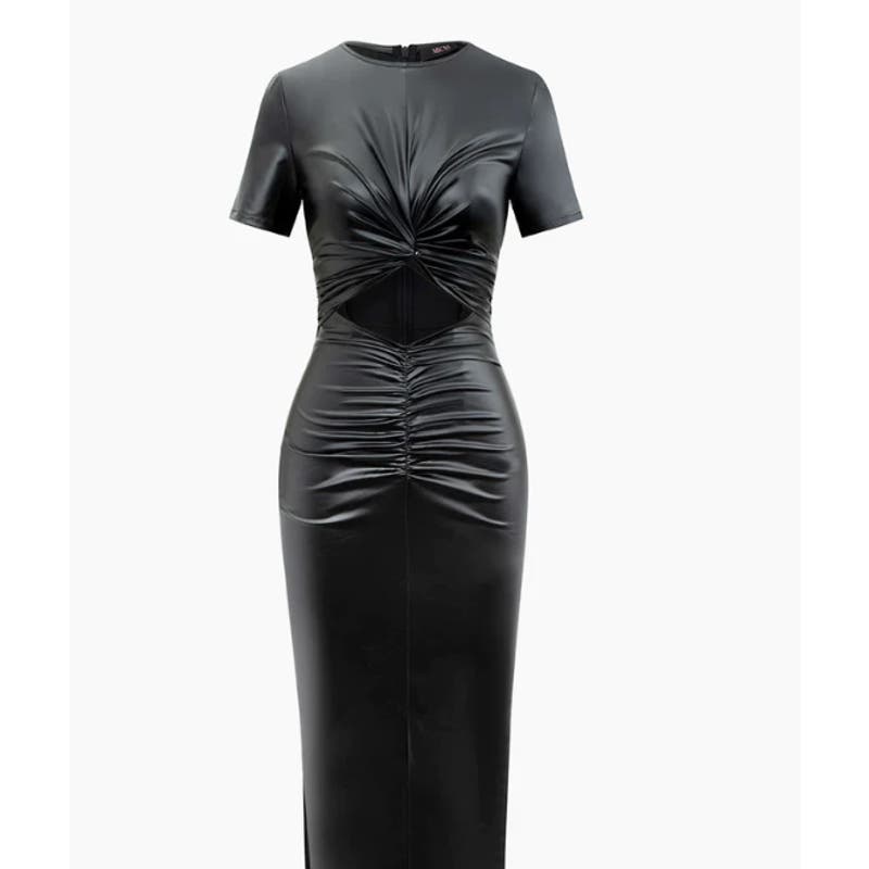 Black Faux Leather Twist Cut Out Ruched Midi Dress | MICAS | Size M