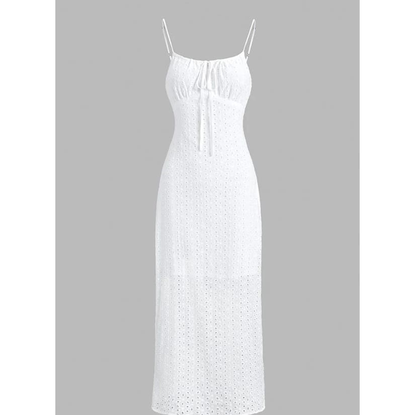 Commense Ruched Eyelet Midi Dress in White - Size Small - A Dreamy Blend of Elegance and Charm!