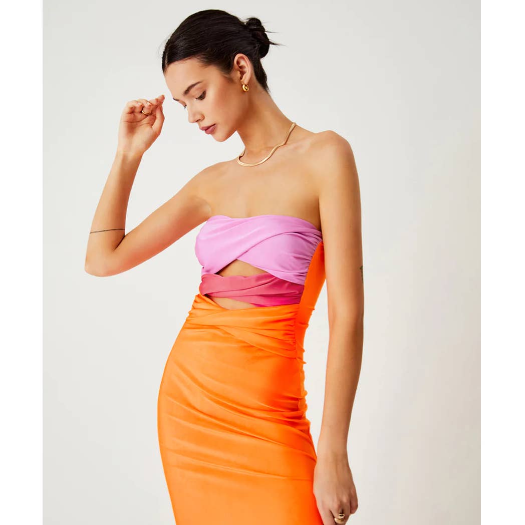 🌅 Commense Orange Burst Three-Tone Twist Cutout Midi Tube Dress - Medium - A Symphony of Style! 🌅