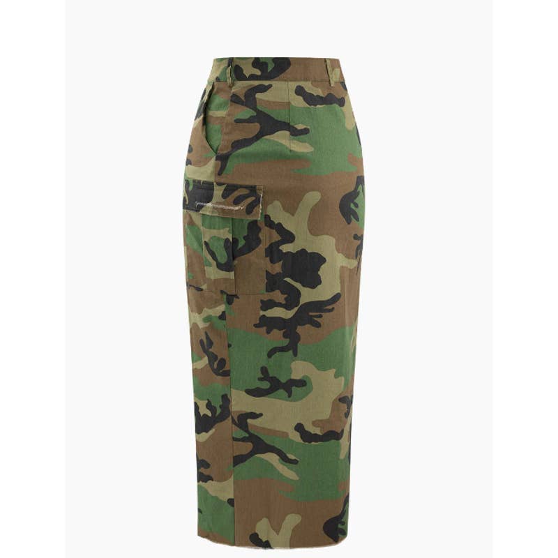 Micas Camo Print Flap Pocket Slit Skirt - Size XL - March into Style!