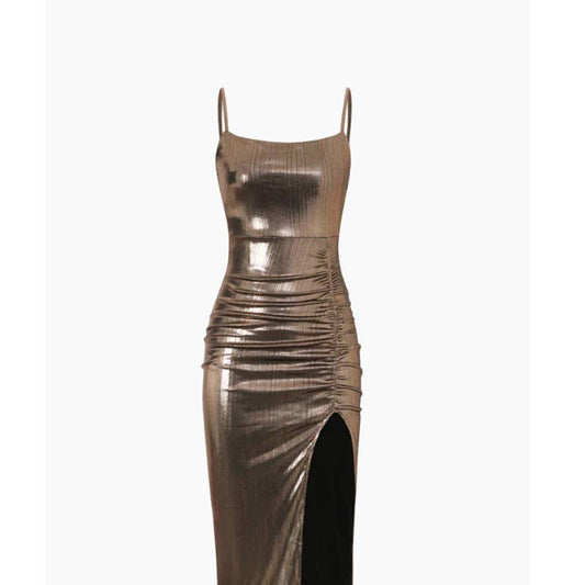 Micas Metallic Ruched Slit Midi Dress | Size Small