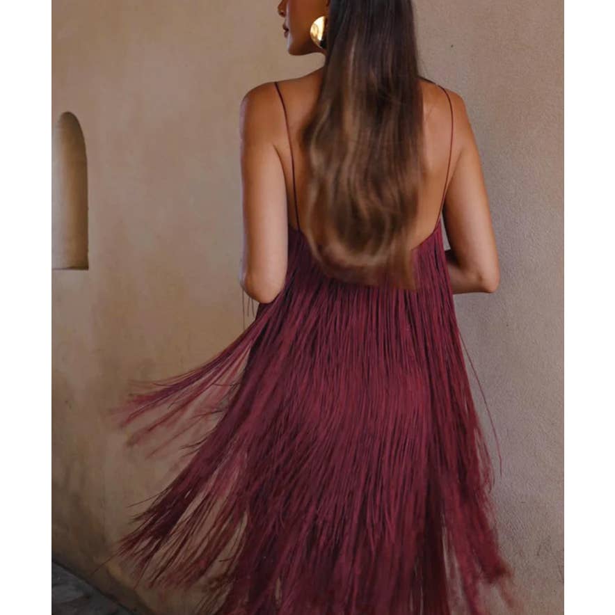 💃 Commense Florence Fringed Open Back Short Dress in Burgundy - Size Medium - Dance the Night Away! 💃