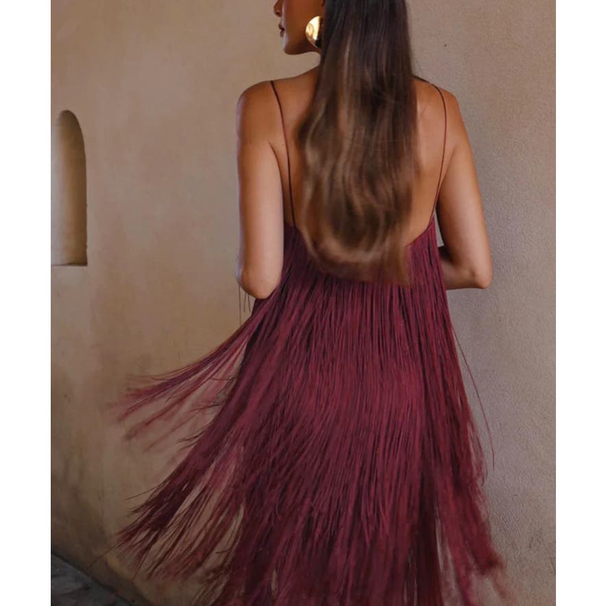 Florence Fringed Open Back Midi Dress | Commense | Size M