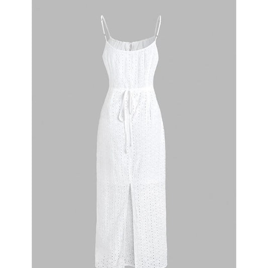 Commense Ruched Eyelet Midi Dress in White - Size Small - A Dreamy Blend of Elegance and Charm!