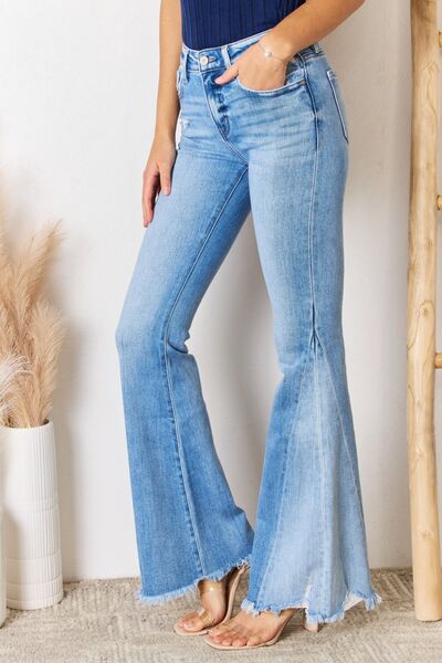 Kancan Mid Rise Raw Hem Flare Jeans